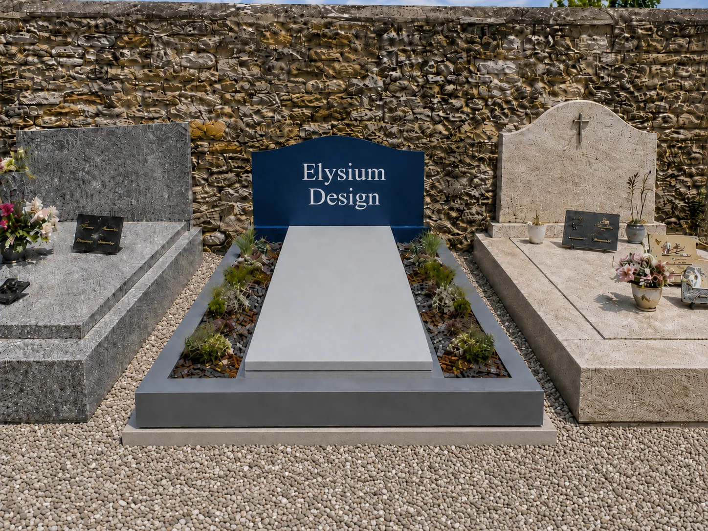 Monument funéraire contemporain en acier, vue générale.