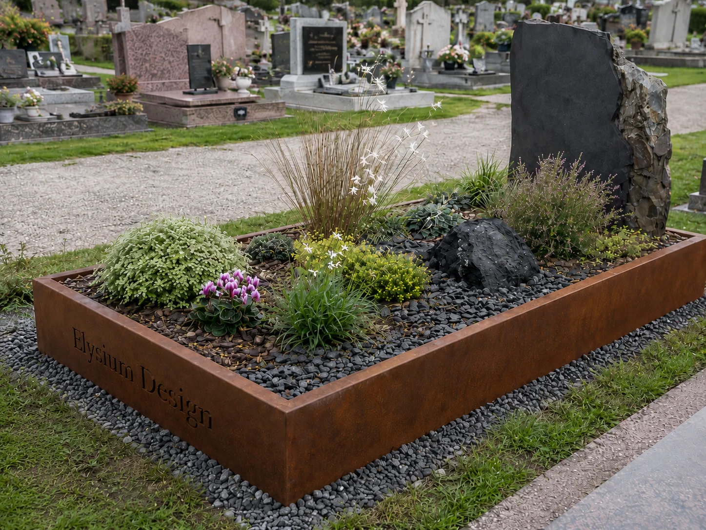 Sépulture végétalisée en acier avec jardinière intégrée.