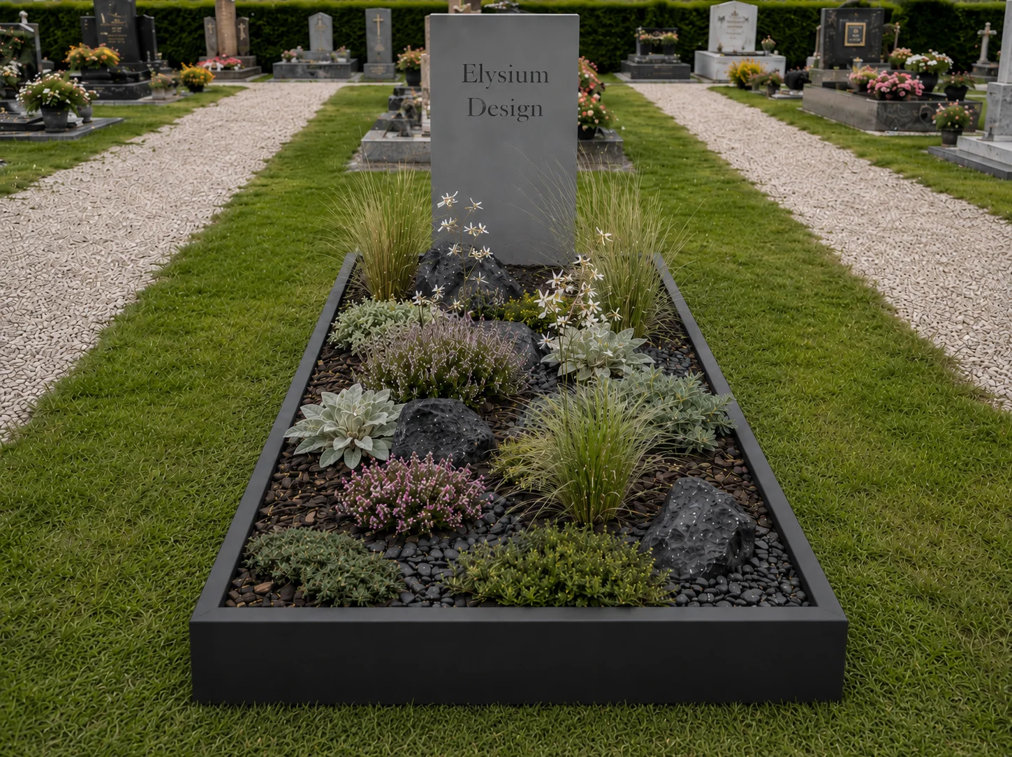 Sépulture végétalisée en acier avec jardinière intégrée.