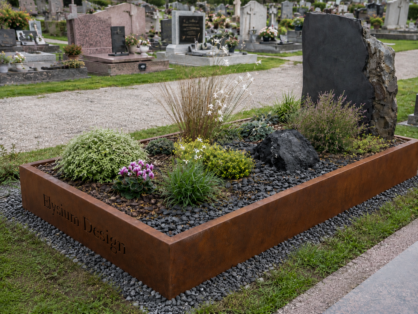 Monument funéraire contemporain en acier corten et pierre naturelle.