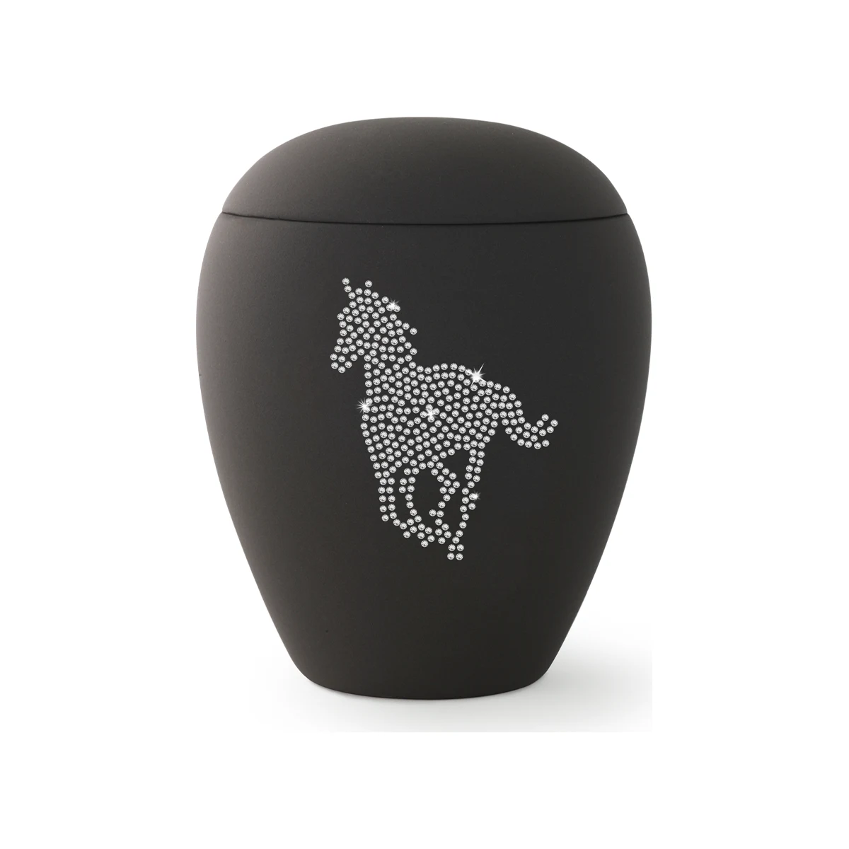 Urne anthracite en céramique décorée d’un cheval en cristaux