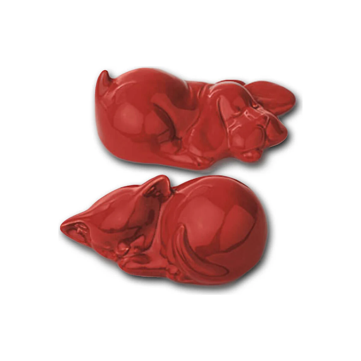 Deux mini-urnes rouges en porcelaine en forme de chien et de chat